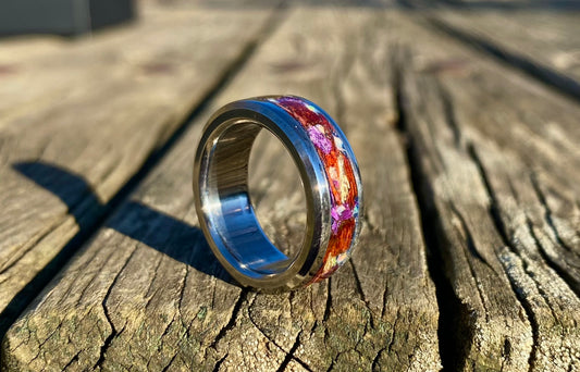 Ring of Titanium, Opal, "Padauk" Wood and Tiger's Eye