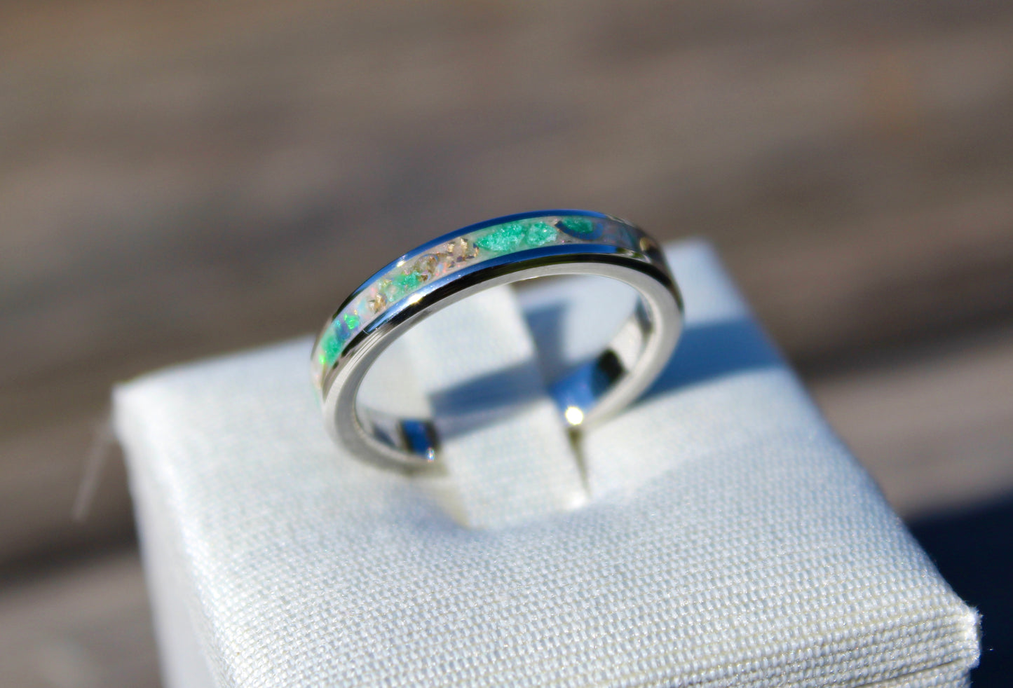 Green Jade Ring, Opal and Mokume Gane Chips